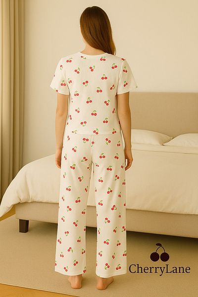 Cherry Lane Cherrylane Women's White Cherry Print T-Shirt & Pants Set - Set of 2