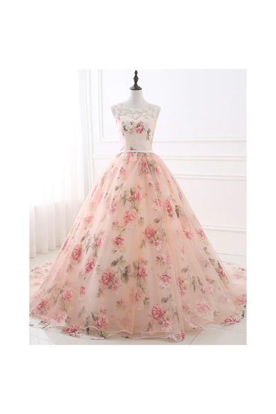 OEM Rochie Arabela roz cu imprimeu floral si trena
