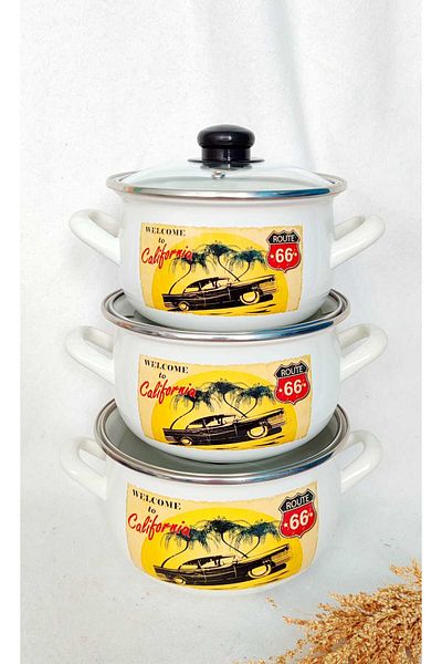 EBRULİEMAYE Classic Car Collection Enamel Triple Pot Set 18-20-22 cm Milk Yogurt Soup Stove Pot