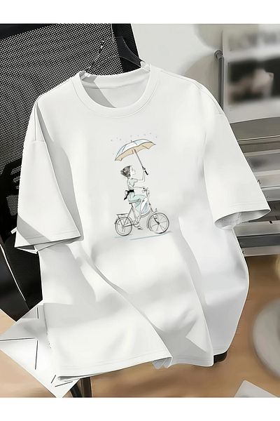 Pink Sky Cotton Oversize Girl on Bicycle Printed Short Sleeve Crew Neck Comfortable Casual T-Shirt