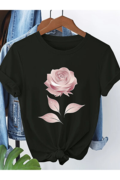 Pink Sky Βαμβακερό υπερμεγέθη ροζ τριαντάφυλλο με κοντό μανίκι με λαιμόκοψη ά...