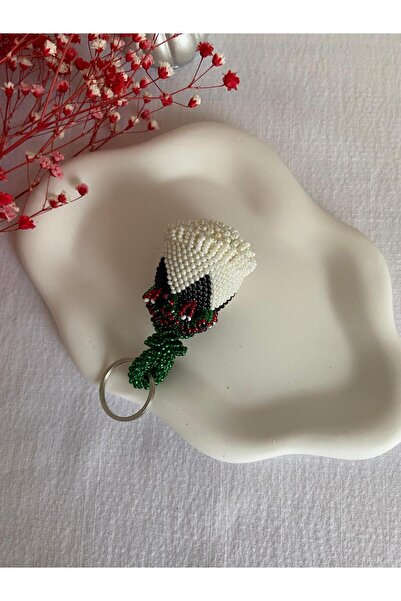 Handmade KUM BONCUK EL İŞİ BÜYÜK BOY BAKLASI PÜSKÜLLÜ KREM GÜL ANAHTARLIK