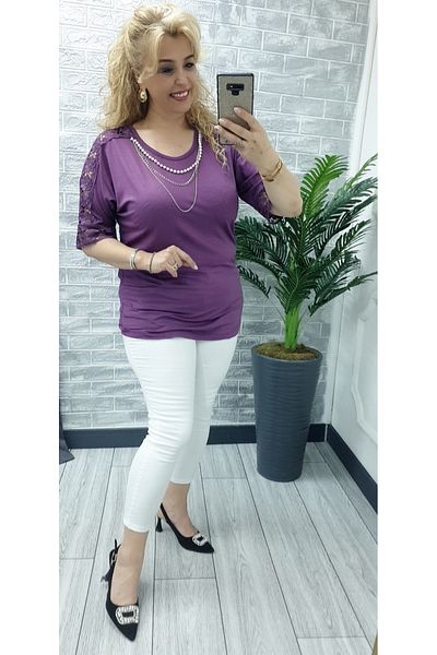 Esina Women's Lace and Pearl Necklace Detailed Half Sleeve Viscose Blouse