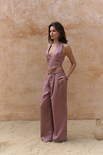 BOHEMAİ Lvdovila Set de pantaloni crop din in burgundy deschis