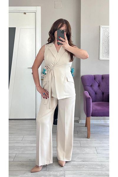 VOSEM BUTİK Stone Color Vest and Pants Set with Belt