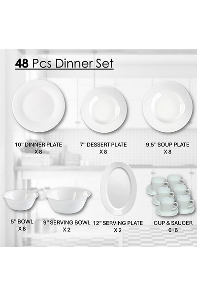 Houzi 48 Pcs Opal ware Dinner set Dinner, Soup Dessert plate Bowls Serving bowl & plate cup & saucer