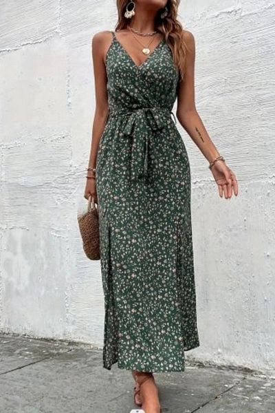 Mossta Double Breasted Collar Slit Detailed Belted Dress - Green