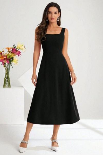 Mossta Square Neck Midi Length Crepe Dress - Black