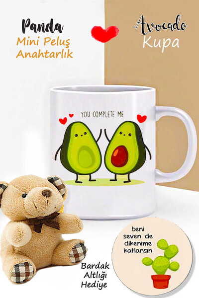 RETROGO Avokado Avakado Kupa & Mini Peluş Ayıcık Anahtarlık & Bardak Atlığı