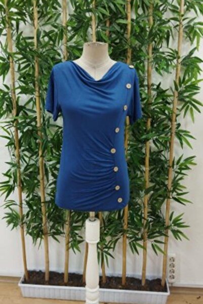 Mossta Bluză din viscoză cu mânecă scurtă, cu decolteu barcă și nasturi laterale - Albastru