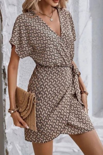 Mossta Double Breasted Collar Tie Detailed Single Jersey Dress - Patterned