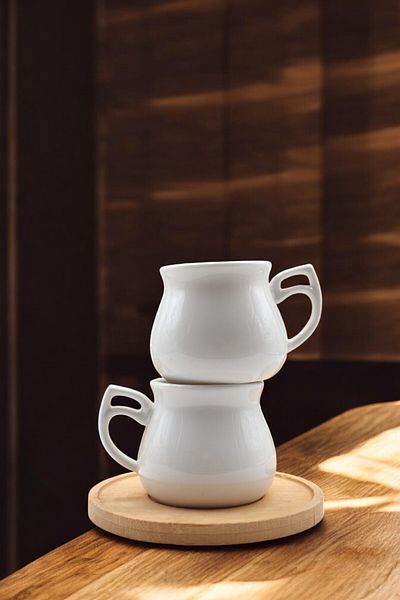 LUMİNA Set of 6 White Porcelain Coffee Cups with Bamboo Base