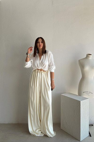 ELVAN TOLON Ecru Pearl Detailed Trousers