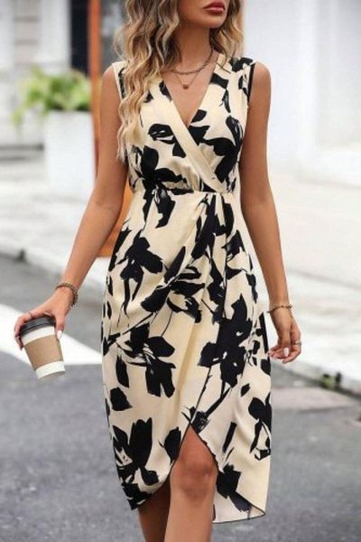 Mossta Double Breasted Collar Asymmetrical Cut Single Jersey Dress - Patterned