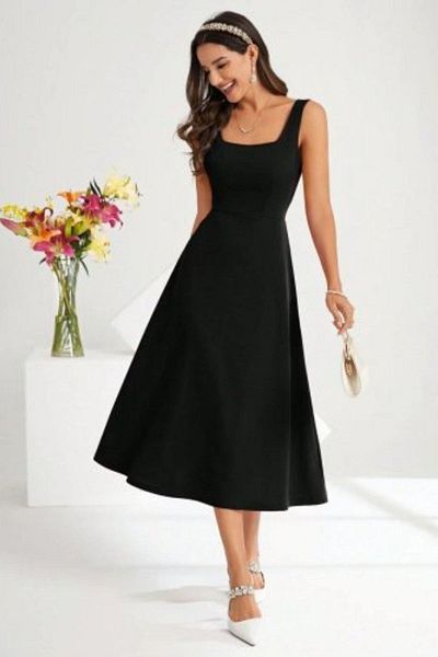 Mossta Square Neck Midi Length Crepe Dress - Black