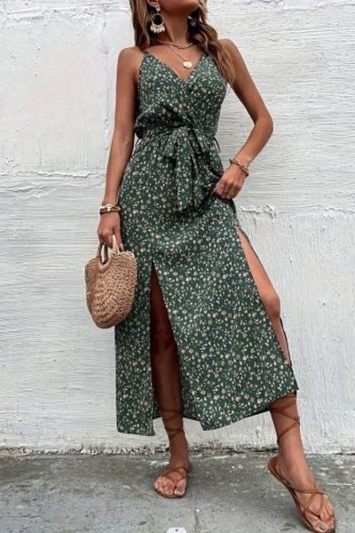 Mossta Double Breasted Collar Slit Detailed Belted Dress - Green