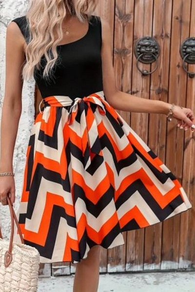 Mossta Square Neck Patterned Belted Midi Dress - Orange