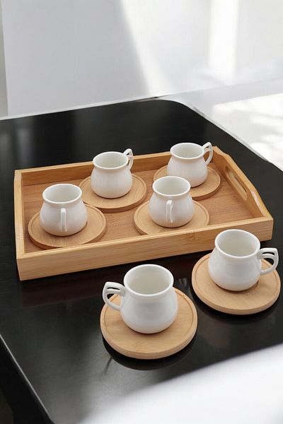 LUMİNA Set of 6 White Porcelain Coffee Cups with Bamboo Base