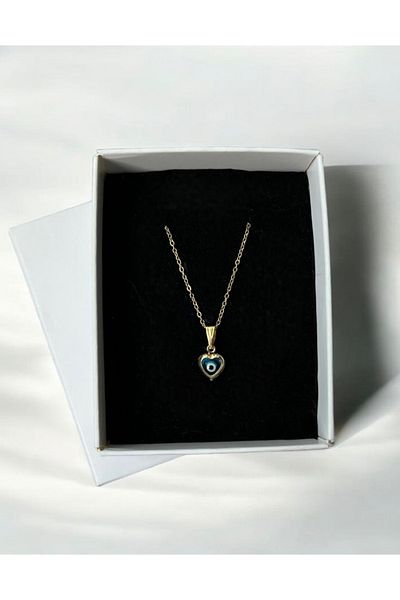 AccSWEN Heart Evil Eye Bead Necklace Ss Stamped Steel Evil Eye Bead Necklace
