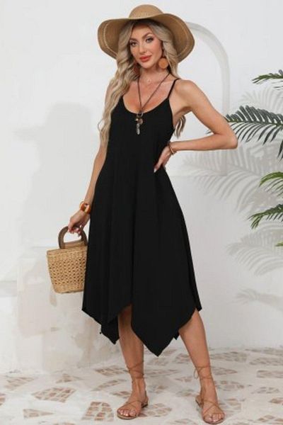 Mossta Asymmetrical Cut Viscose Dress with Rope Strap - Black