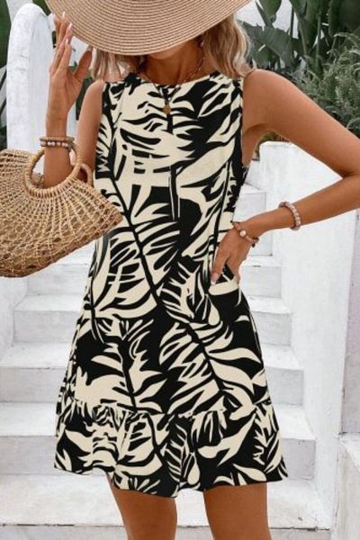 Mossta Zero Sleeve Leaf Pattern Ruffle Detail Dress - Black