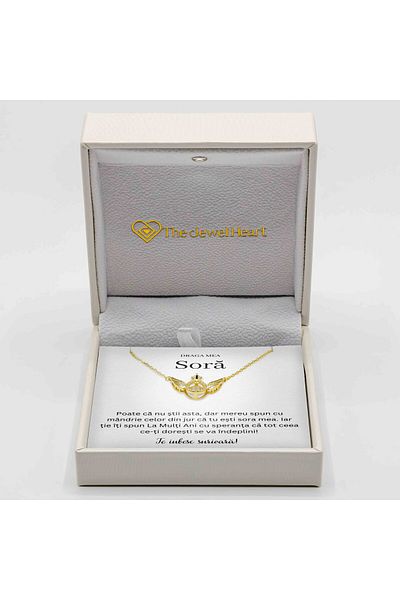 The Jewel Heart Colier Cadou Pentru Soră – Argint 925 Cu Strat De Aur 14K, Cutie Cu LED Și Mesaj De Iubire