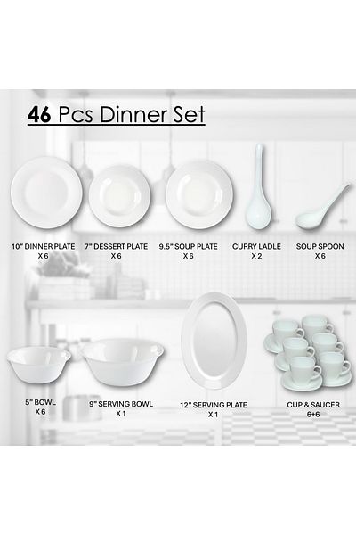 Houzi 46 Pcs Opal ware Dinner set Dinner,Soup Dessert plate Bowls Serving bowl & plate cup & saucer