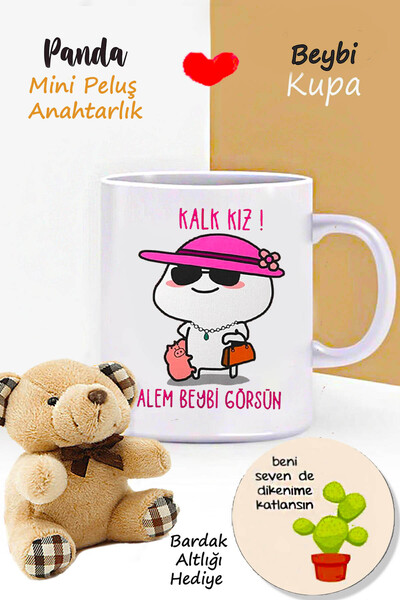 RETROGO Kalk Kız Alem Görsün Kupa & Mini Peluş Ayıcık Anahtarlık & Bardak Atlığı