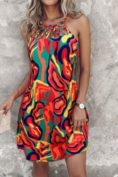 Mossta Halter Neck Patterned Mini Single Jersey Dress - Patterned