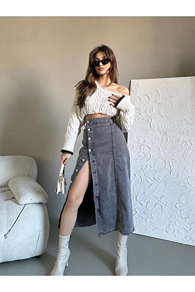 GUELES Long Length Ice Blue Color Snow Wash Lycra Denim Skirt with Buttons on the Front