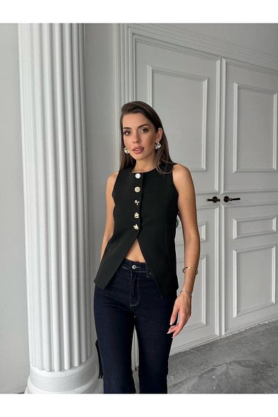 BE CHİC Women's Brooch Button Detail Lined Woven Vest Gt5790