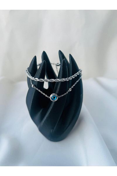ESDE Double Evil Eye Beaded Chain Detailed Steel Non-Tarnish Silver Bracelet