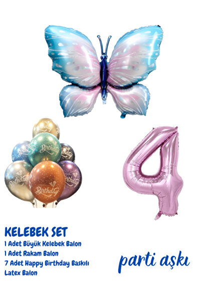 PARTİ AŞKI 4 Yaş Büyük Mavi Lila Kelebek 3'lü Balon Seti & Kız Çocuk Bebek Konsept Doğum Günü Parti Balonu