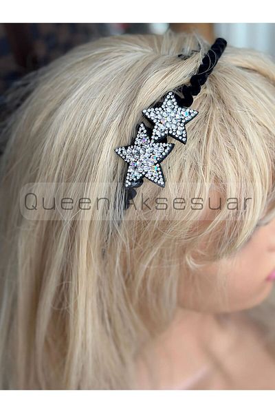 QUEEN AKSESUAR New Trend Fashion Luxury Stoned Star Detailed Black Suede Velvet Scalloped Crown Women's Children's Crown