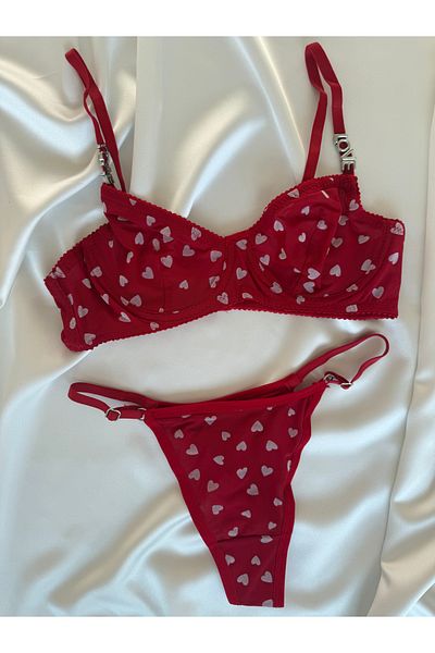 Pijamacs Transparent Detailed Red Heart Patterned Bralet Set Bra Set