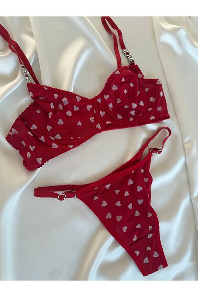 Pijamacs Transparent Detailed Red Heart Patterned Bralet Set Bra Set
