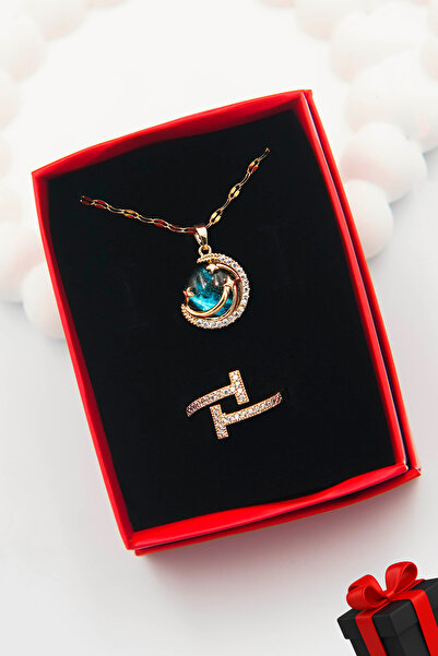 TREND COLLECTİON Kadın Paslanmaz Çelik Gold Zirkon Taşlı Gökyüzü Kolye Ve Tifany Yüzük Set