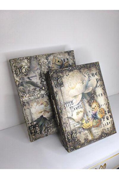 IremTasarimAtolyesi EV DEKORASYON AHŞAP KİTAP KUTU SETİ 2Lİ VİNTAGE TASARIM