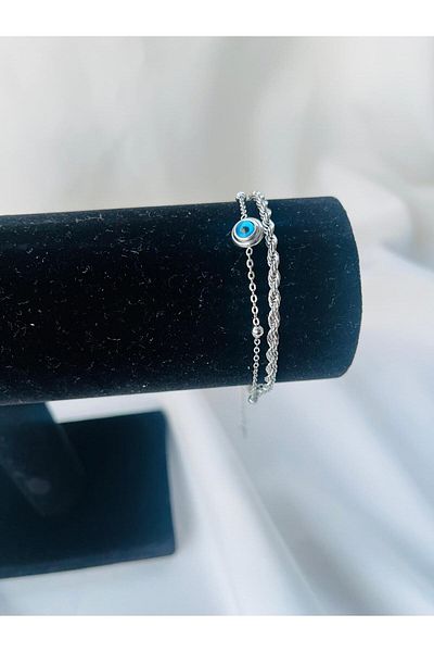 ESDE Double Evil Eye Beaded Chain Detailed Steel Non-Tarnish Silver Bracelet