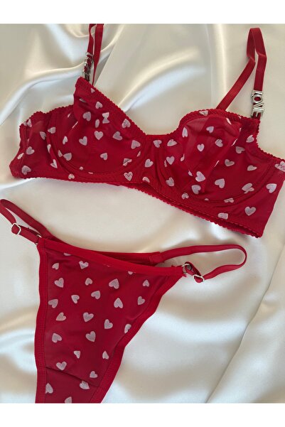 Pijamacs Transparent Detailed Red Heart Patterned Bralet Set Bra Set