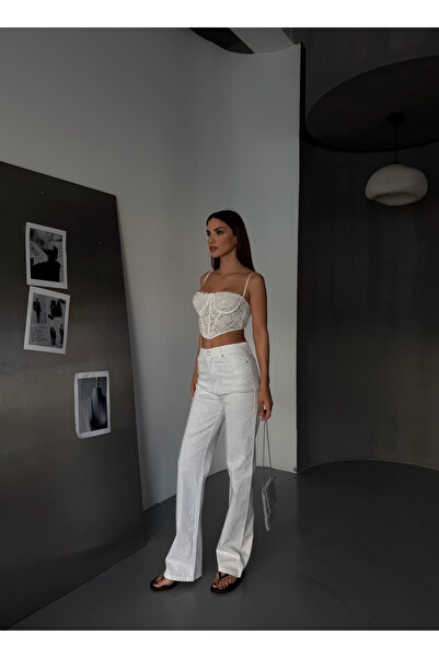 Diviny Women's White Plaster Stone High Waist Palazzo Jean