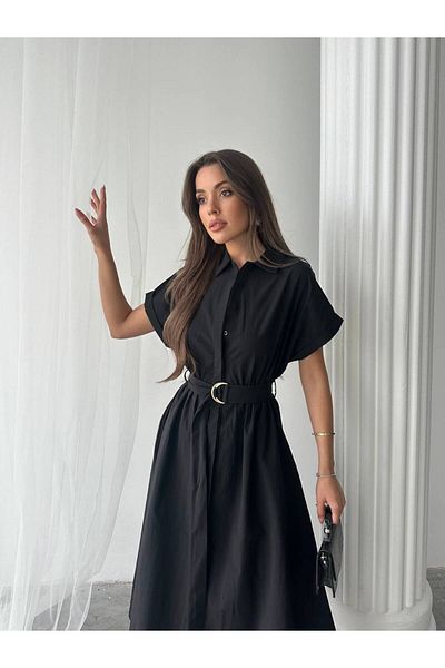 BE CHİC Women's Belted Poplin Fabric Pocket Long Daily Shirt Dress Elb7890