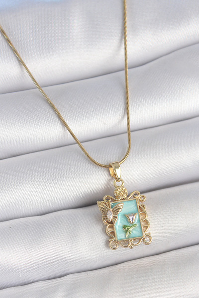 Skygo ieg ™   سلسلة من الفولاذ 316L باللون الذهبي مع زهرة مينا زرقاء مطرزة وت...