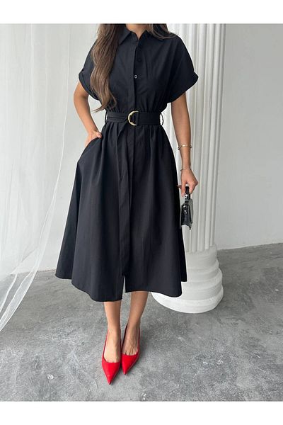 BE CHİC Women's Belted Poplin Fabric Pocket Long Daily Shirt Dress Elb7890