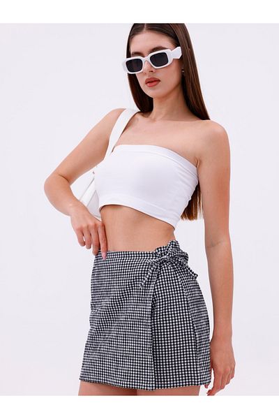veira Fusta scurtă cu șireturi în carouri roz - Mini model de vară cu talie înaltă - Fusta scurtă cu detaliu de închidere