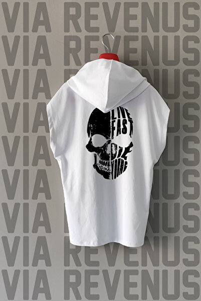 Vordevia Tricou sport cu glugă cu mâneci zero, 100% bumbac, imprimat în față și în spate Live Fast Die Young