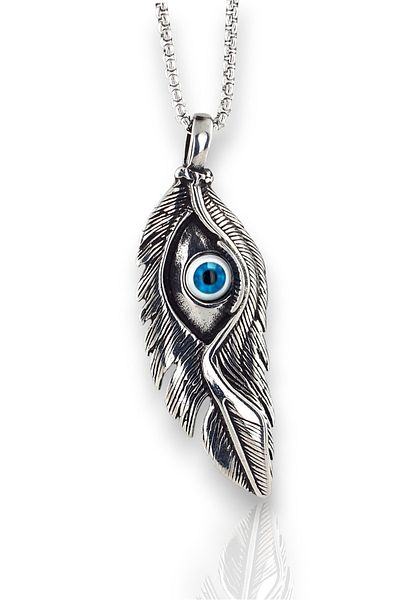 Solfera Evil Eye Beaded Eye Eagle Luck Feather Totem Titanium Steel Men's Necklace Q0973