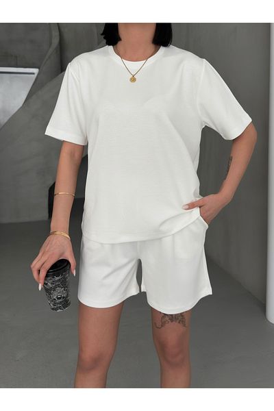 BE CHİC Women's Modal Fabric Oversize Sleeve Tshirt and Shorts 2-Piece Set Tkm9812