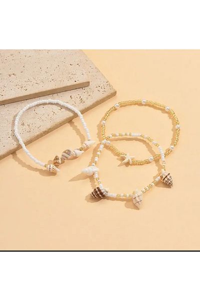 Home Set of 3 Seashell Anklets – Ocean Themed, Starry and Beaded Beach Anklets