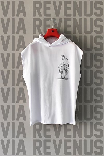 Vordevia Tricou sport 100% bumbac cu glugă cu mâneci zero imprimate în față și în spate pentru motociclist